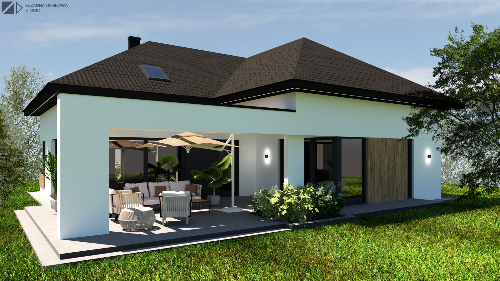 Wizualizacja nowoczesnego domu jednorodzinnego z tarasem i meblami ogrodowymi, widok z ogrodu w słoneczny dzień.