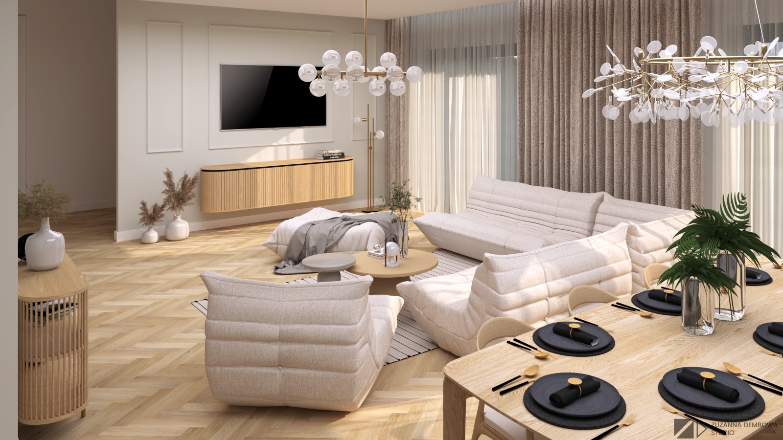 Jasny pokój dzienny z jadalnią w stylu minimalistycznym, z drewnianą podłogą w jodełkę, designerskimi lampami wiszącymi, beżowymi meblami wypoczynkowymi i stołem z nakryciami w odcieniach czerni...