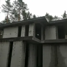 Surowy stan dwukondygnacyjnego domu z betonu kom&oacute;rkowego, widoczne otwory okienne i drzwiowe, szare niebo w tle.