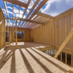 Wnętrze domu szkieletowego w trakcie budowy, widoczne drewniane belki konstrukcyjne i ściany z płyt OSB, zarys okna z widokiem na drzewa i błękitne niebo z chmurami, jasne oświetlenie słoneczne...