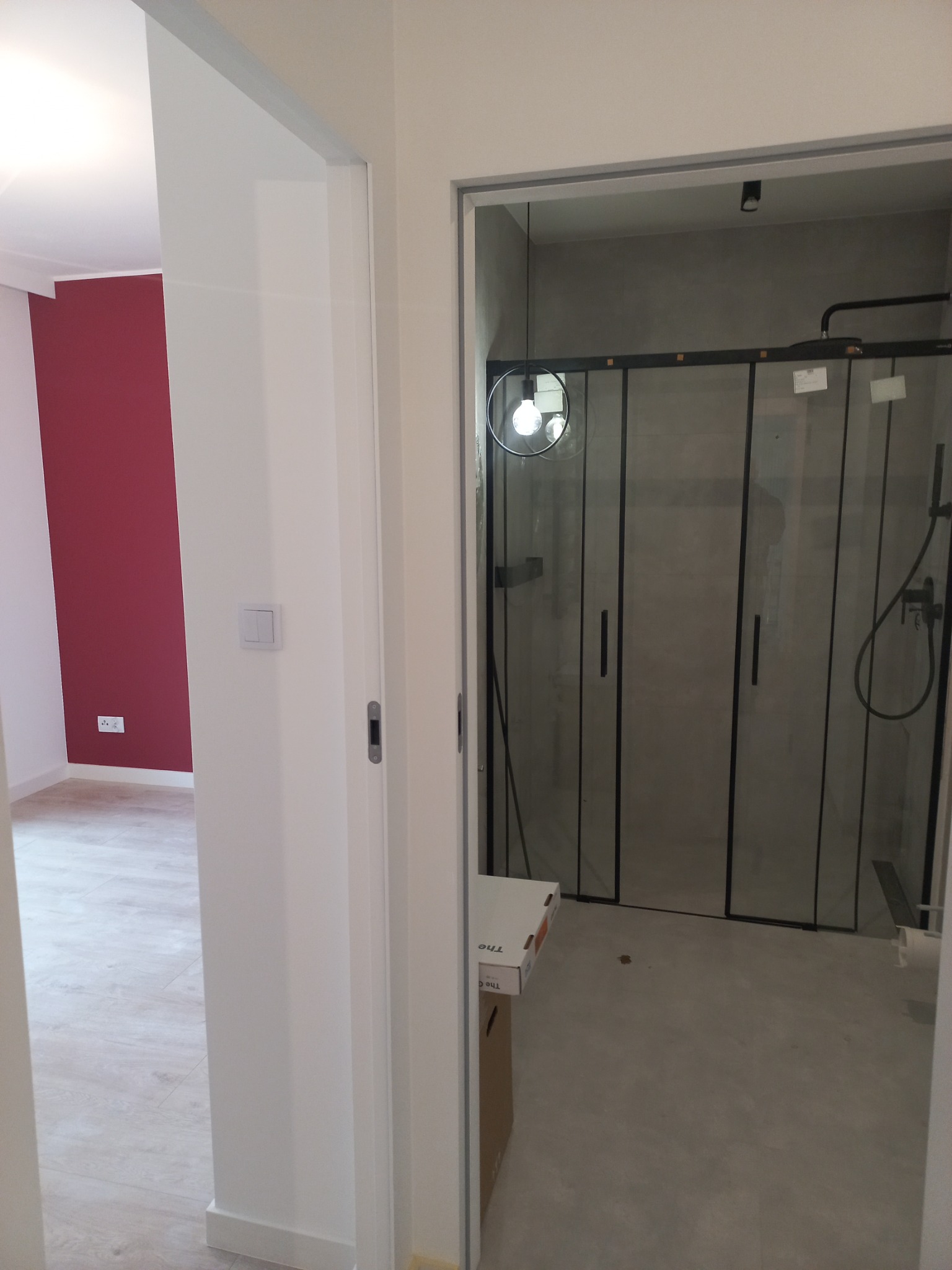 Nowoczesna łazienka z kabiną prysznicową typu walk-in z czarnymi ramami, widoczna przez otwarte drzwi. W tle ściana pomalowana na burgundowo w pokoju obok.