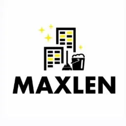 Logo firmy MAXLEN: czarne budynki z żółtymi oknami, wiadro z mopem i gwiazdki symbolizujące czystość.