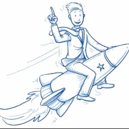 Sketch illustration of a businessman in a suit riding a rocket with a star, pointing upwards, symbolizing growth and innovation.