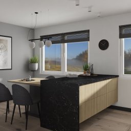 Sadowska Projekty Weronika Sadowska - Wizualizacja nowoczesnej kuchni z wyspą o czarnym marmurkowym blacie, drewnianymi frontami szafek, szarymi krzesłami i minimalistycznym oświetleniem, z widokiem na jesienny krajobraz za oknem.