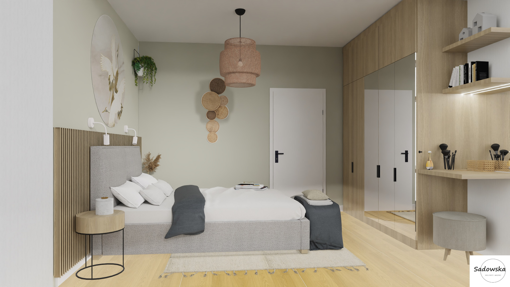 Jasna sypialnia z drewnianą boazerią za łóżkiem, okrągłym obrazem z ptakami, plecioną lampą i toaletką z lustrem oraz kosmetykami.