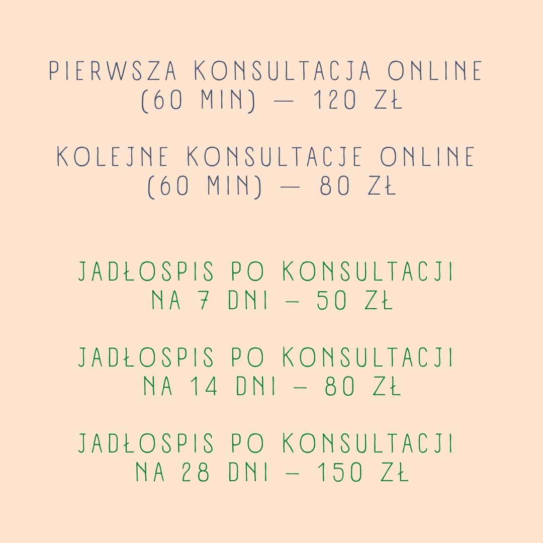 Cennik usług: konsultacje online (60 minut) i jadłospisy po konsultacji na 7, 14 i 28 dni, z podanymi cenami.