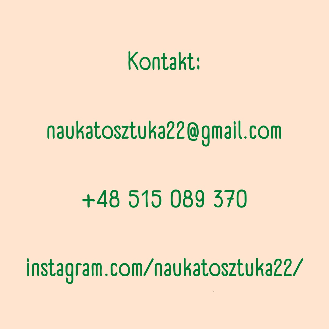 Dane kontaktowe: adres email, numer telefonu, adres profilu na Instagramie, zielony tekst na beżowym tle.