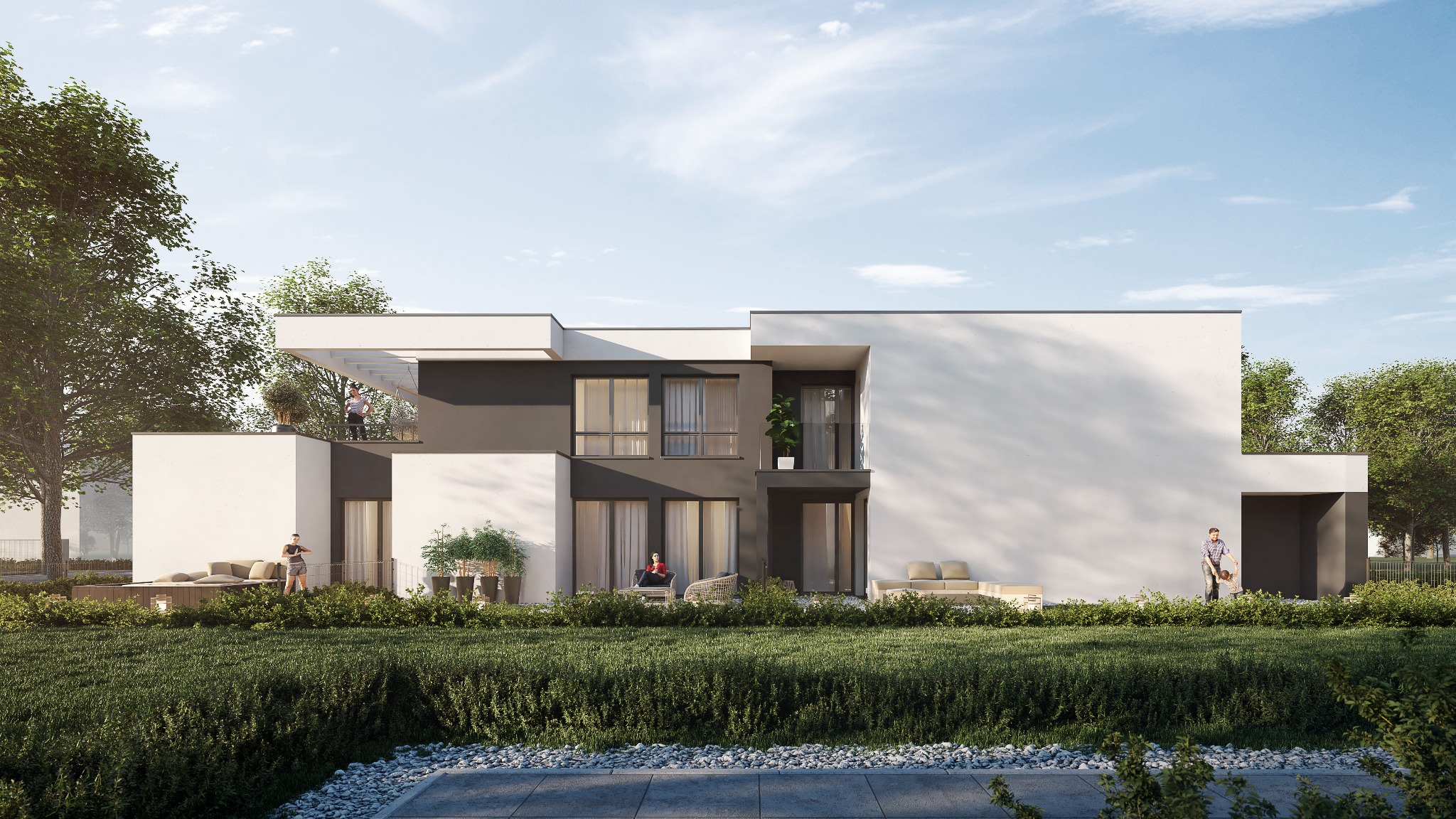 Nowoczesny, dwukondygnacyjny dom z płaskim dachem w Tarnowie, z dużymi oknami i tarasami, otoczony zielenią, z osobami na zewnątrz budynku.