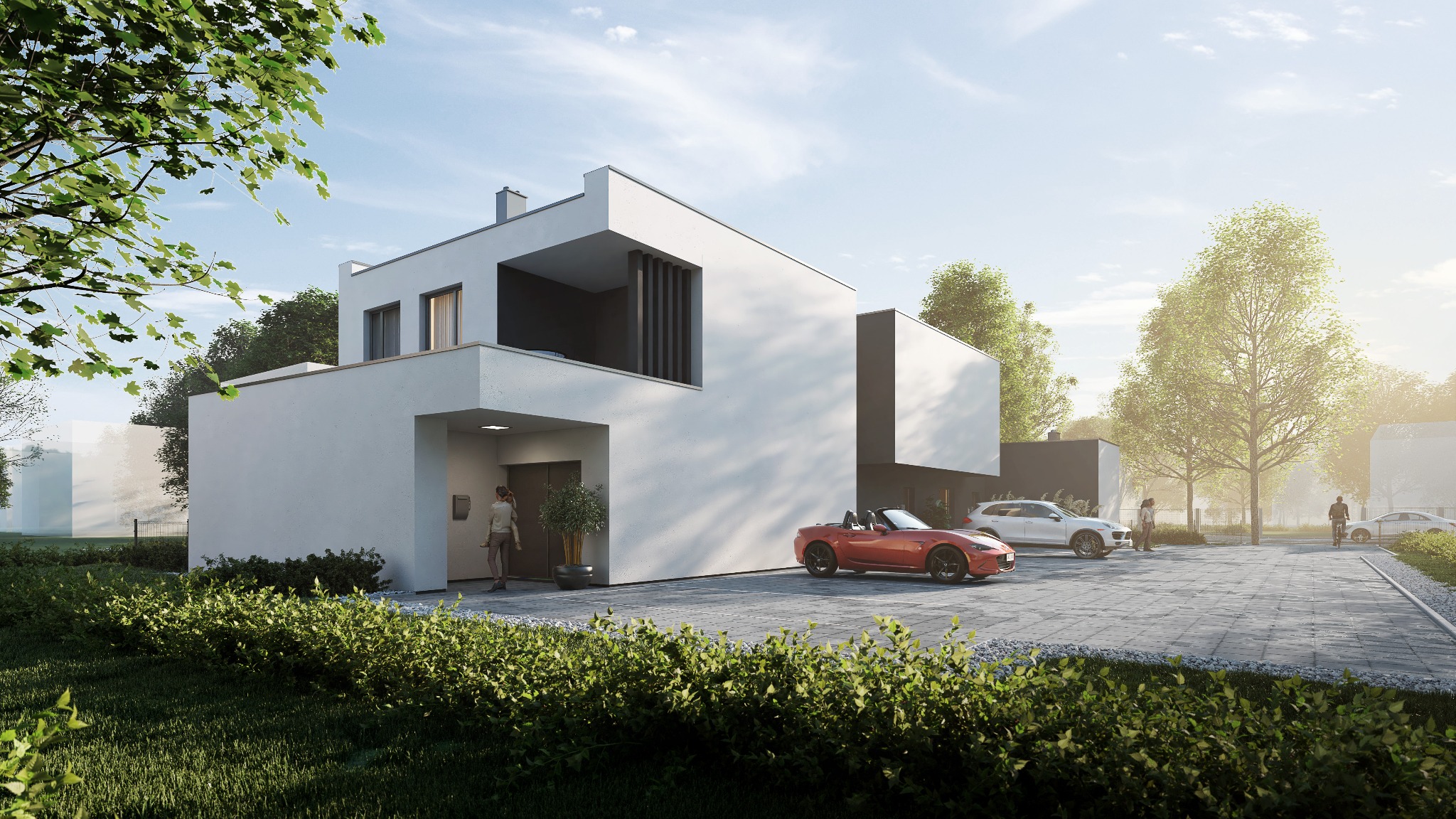 Nowoczesny dom jednorodzinny z płaskim dachem, białymi ścianami i ciemnymi akcentami, z czerwoną Mazdą MX-5 i białym SUV-em zaparkowanymi na podjeździe z kostki brukowej. Kobieta z dzieckiem...