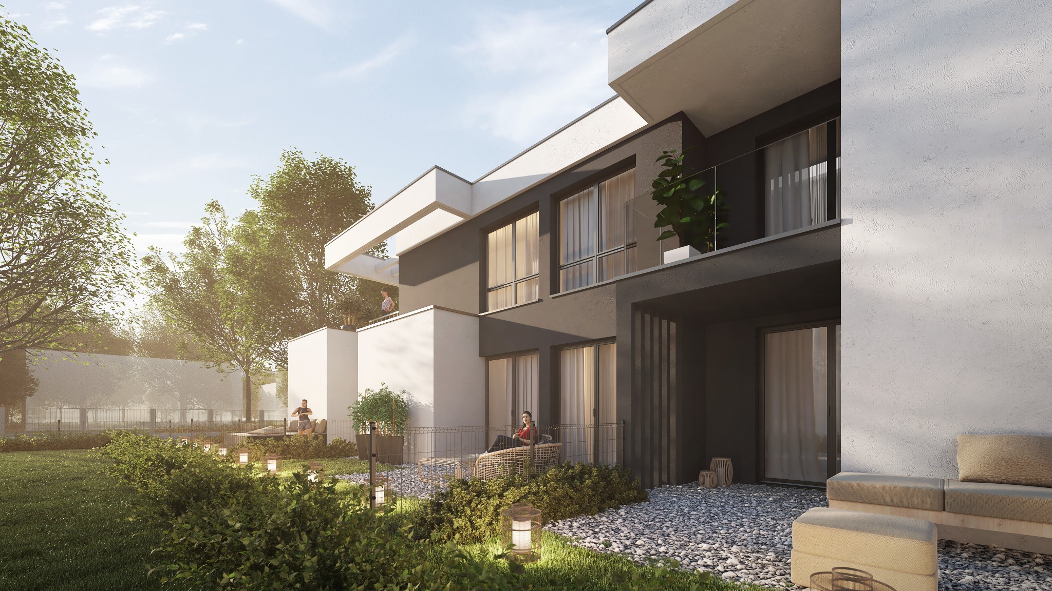 Nowoczesny dwukondygnacyjny dom z płaskim dachem, szarą elewacją i balkonami, otoczony zielenią, z oświetleniem ogrodowym i osobami na zewnątrz.