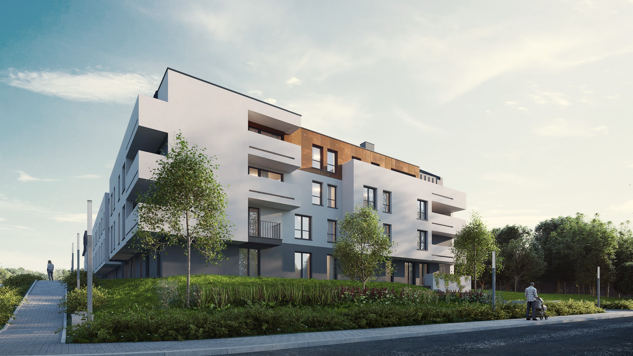 Wizualizacja nowoczesnego, wielorodzinnego budynku z balkonami, otoczonego zielenią, z osobą spacerującą z wózkiem dziecięcym w tle.