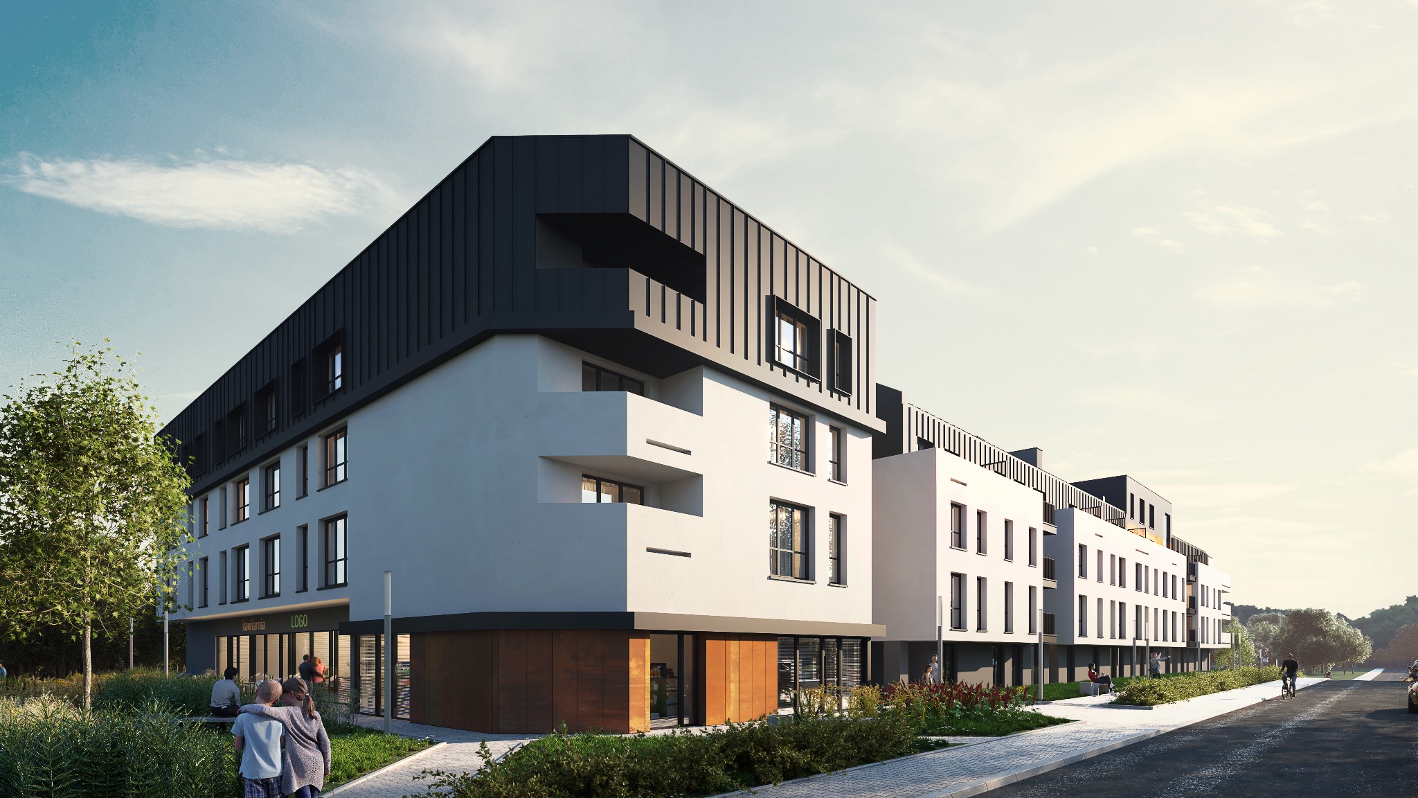 Wizualizacja nowoczesnego, trzypiętrowego budynku mieszkalnego z ciemnym, metalowym dachem i białymi ścianami, z widocznymi balkonami i dużymi oknami, otoczonego zielenią i chodnikiem.