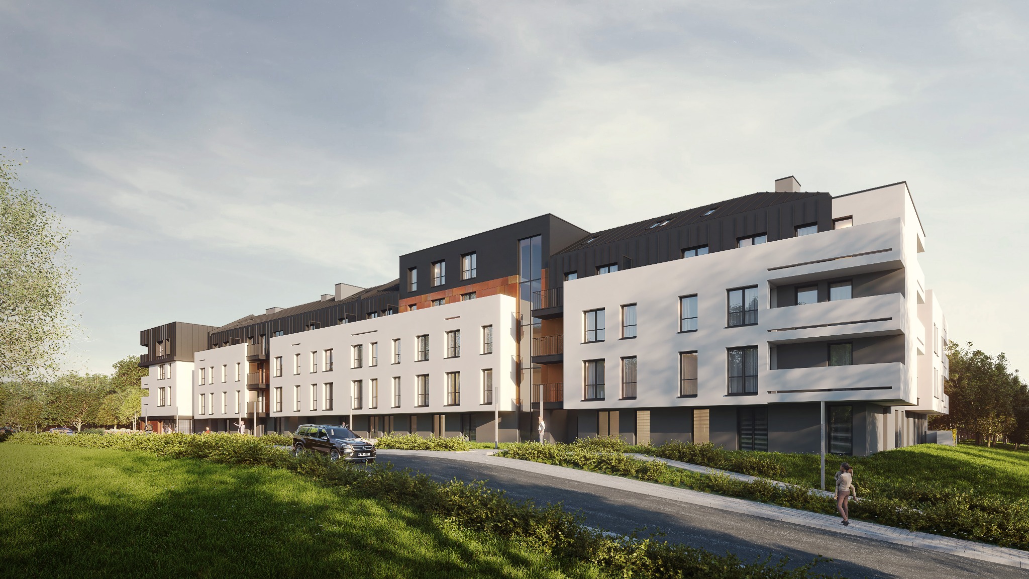 Wizualizacja nowoczesnego, trzypiętrowego budynku wielorodzinnego z balkonami, utrzymanego w bieli i szarości, z czarnym dachem, otoczonego zielenią i podjazdem z zaparkowanym samochodem.
