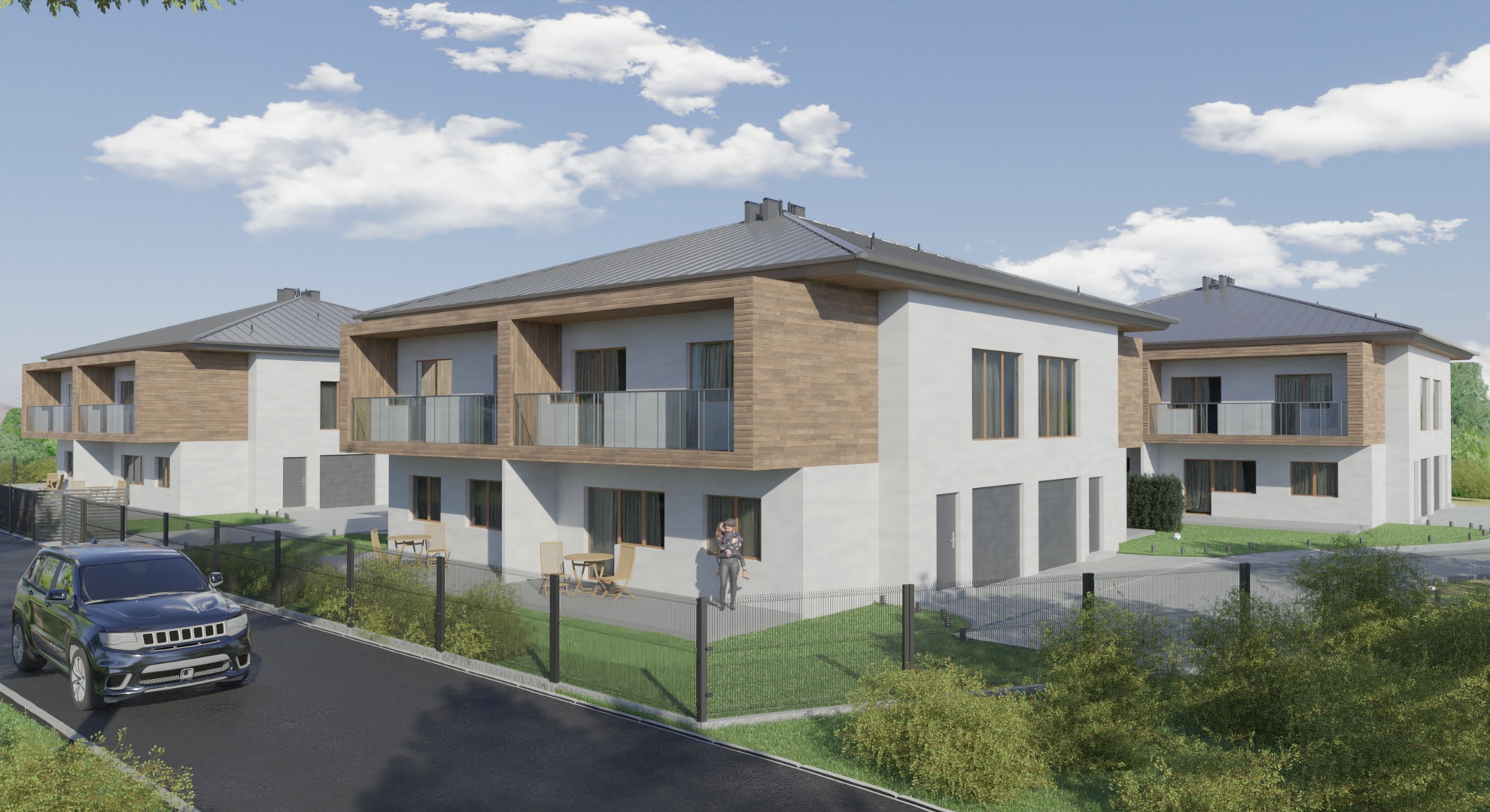 Wizualizacja osiedla domów dwukondygnacyjnych z drewnianymi elementami elewacji, szarym dachem i balkonami ze szklanymi balustradami, ogrodzeniem z siatki i zaparkowanym czarnym SUV-em przed jednym...