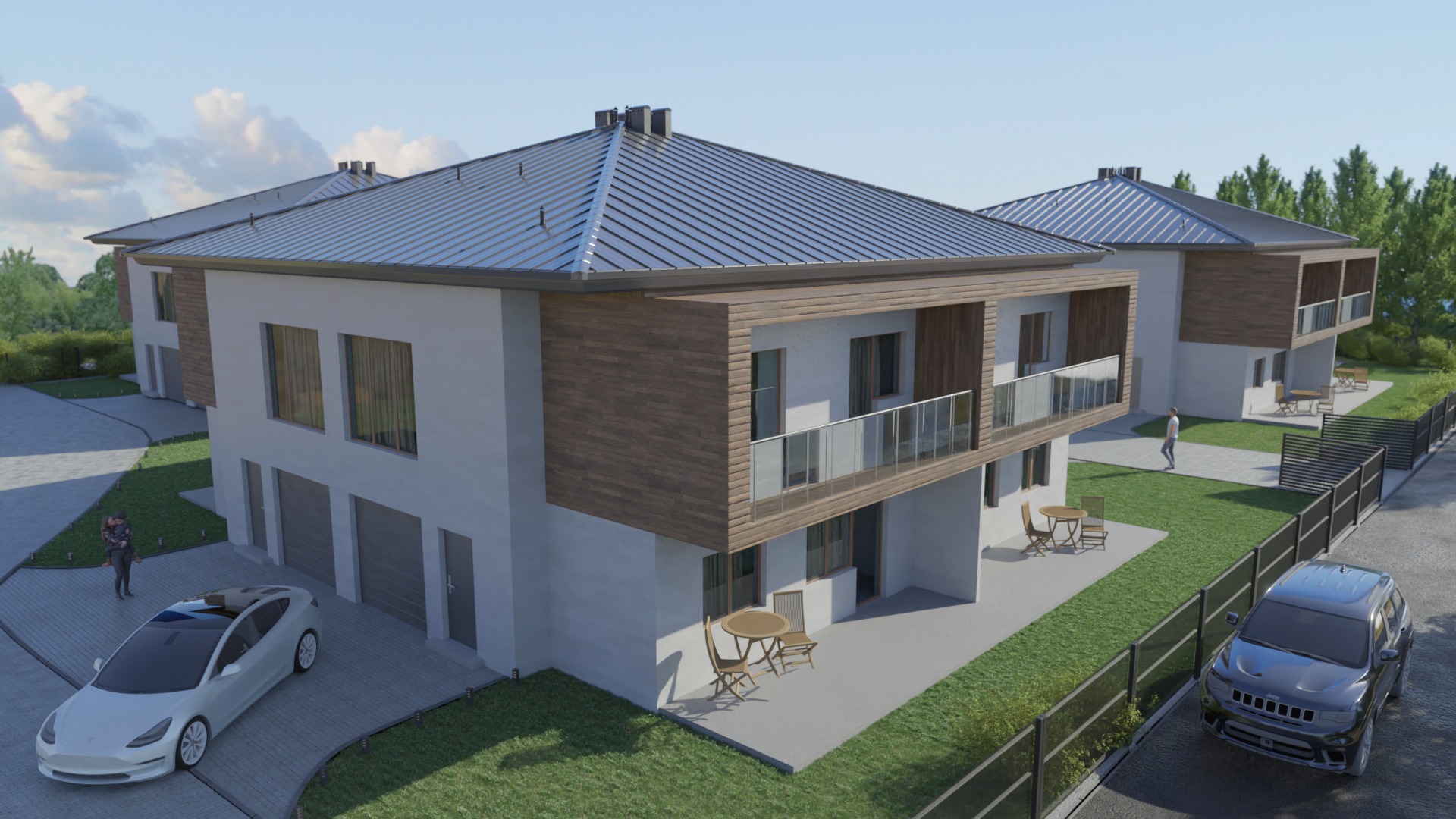 Wizualizacja osiedla domów murowanych z płaskimi dachami, wykończonych drewnianą elewacją i szklanymi balustradami balkonów, z samochodami Tesla i Jeep na podjeździe.