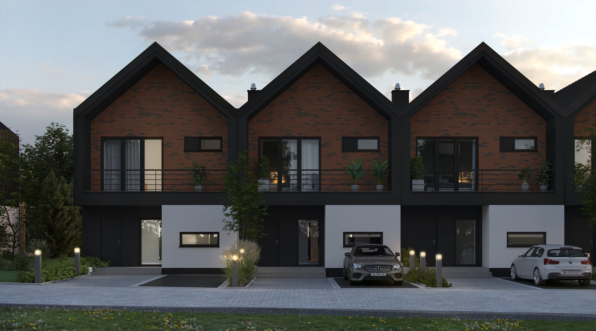 Wizualizacja szeregu nowoczesnych domów murowanych z czerwonej cegły z czarnymi elementami wykończeniowymi i balkonami, z zaparkowanymi samochodami przed budynkami.