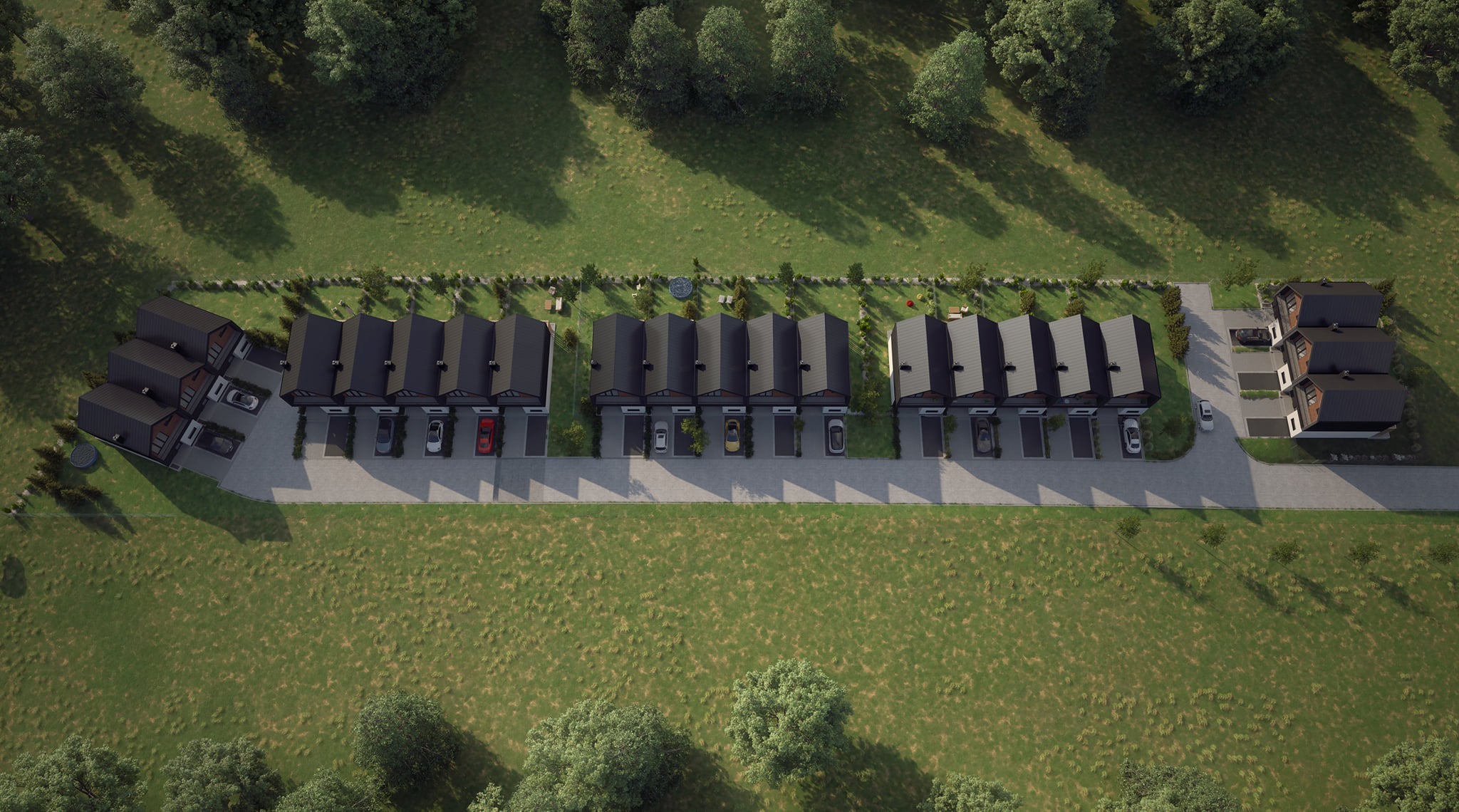 Widok z lotu ptaka na szereg nowoczesnych domów z ciemnymi dachami i jasnymi elewacjami, z samochodami zaparkowanymi na podjazdach, otoczonych zielonymi trawnikami i drzewami.