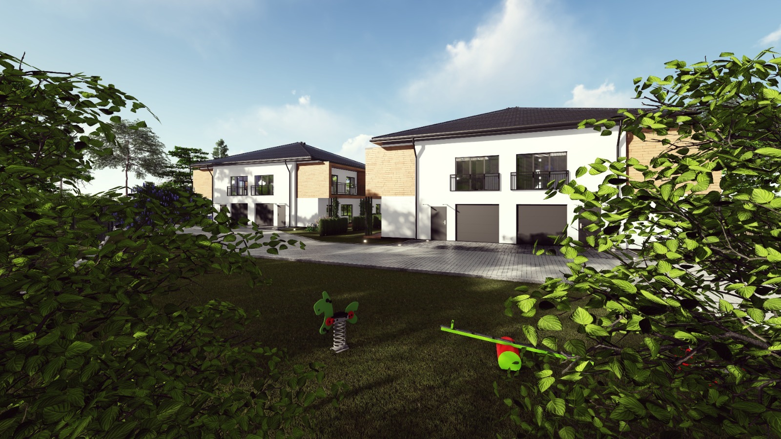 Wizualizacja dwóch nowoczesnych domów jednorodzinnych z jasną elewacją i ciemnymi dachami, widocznych zza zieleni drzew i placu zabaw.