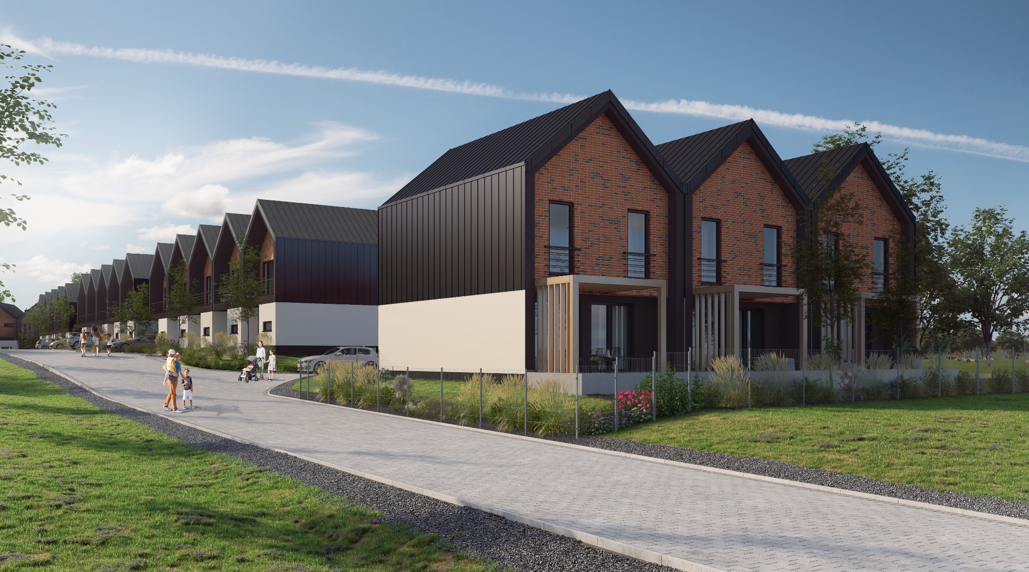 Wizualizacja szeregu nowoczesnych domów z cegły i czarnej blachy, z minimalistycznym ogrodzeniem i brukowaną drogą dojazdową, na tle błękitnego nieba z chmurami.