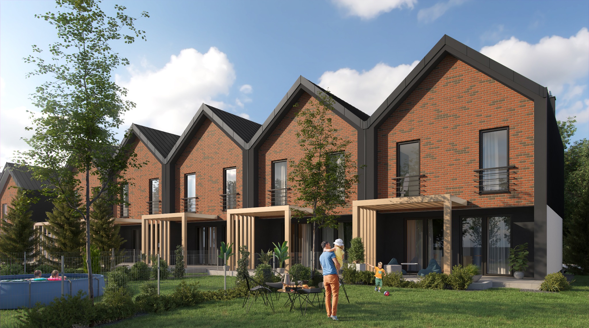 Wizualizacja szeregu nowoczesnych domów z czerwonej cegły z czarnymi dachami i drewnianymi pergolami, z rodziną spędzającą czas na trawniku przed domami, w tle widoczny basen.