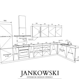 Szymon Jankowski - Schemat techniczny kuchni z wymiarami, przedstawiający rozmieszczenie szafek, sprzętów AGD i detale wykończeniowe z logo Jankowski Interior Design Studio.