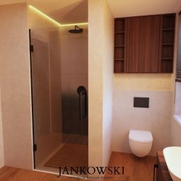 Szymon Jankowski - Nowoczesna łazienka z kabiną prysznicową, drewnianymi akcentami i oświetleniem LED. Umywalka nablatowa i szafki w ciepłych odcieniach brązu tworzą spójną całość.