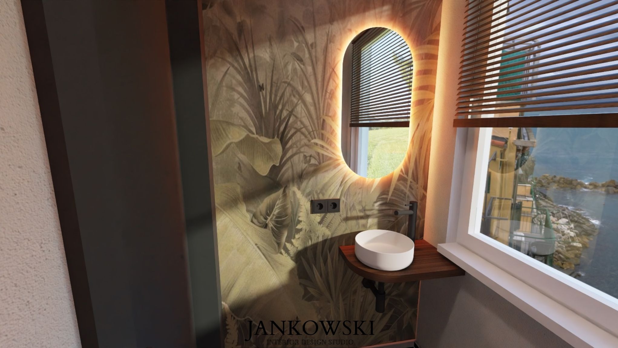 Aranżacja łazienki: umywalka nablatowa na drewnianym blacie, lustro z podświetleniem LED i tapeta w tropikalne liście. Widok z okna na morze.