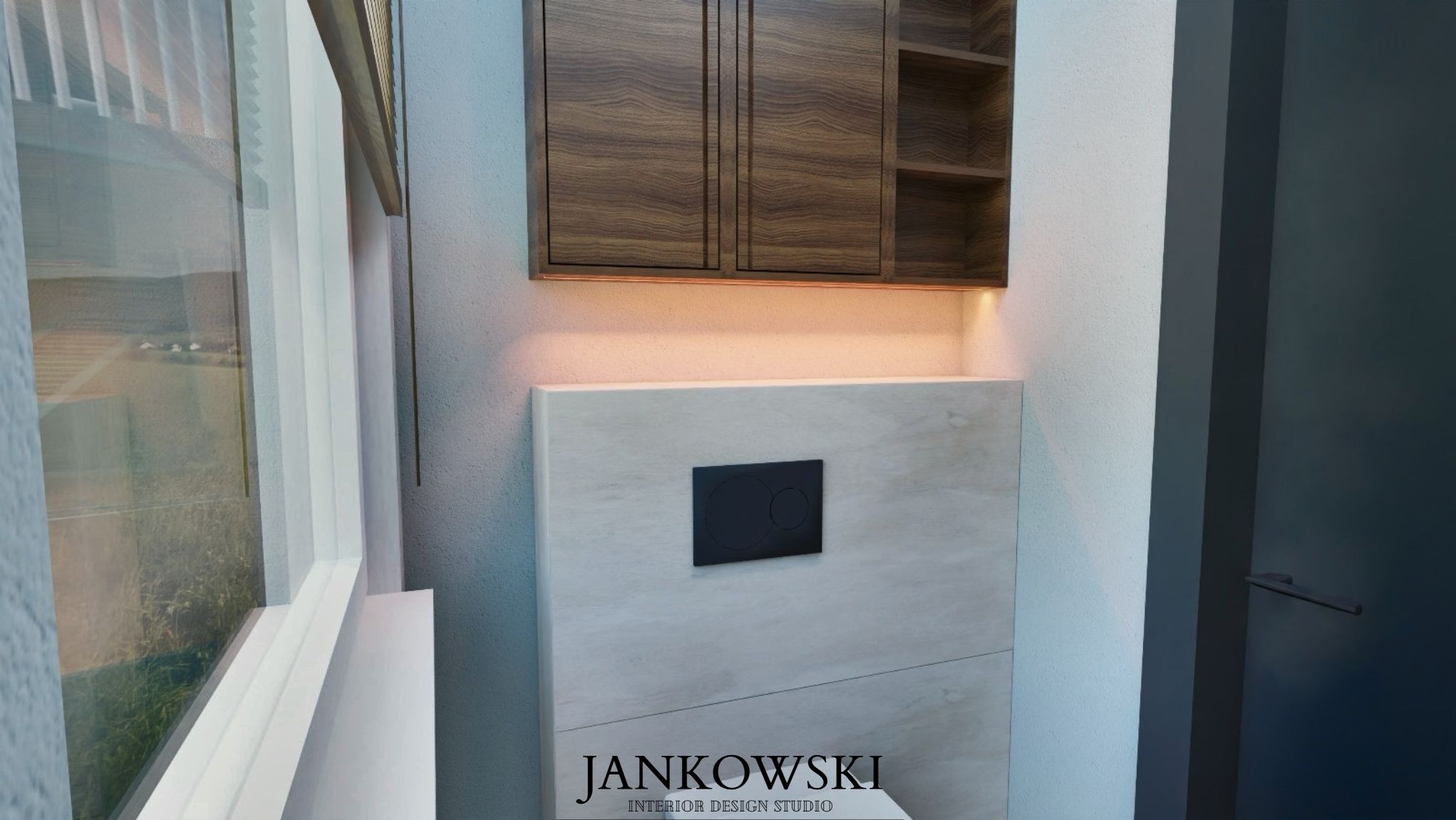 Nowoczesna toaleta w jasnych barwach z drewnianymi szafkami i podświetleniem. Minimalistyczny design, czarny przycisk spłuczki, widok na zewnątrz przez okno.