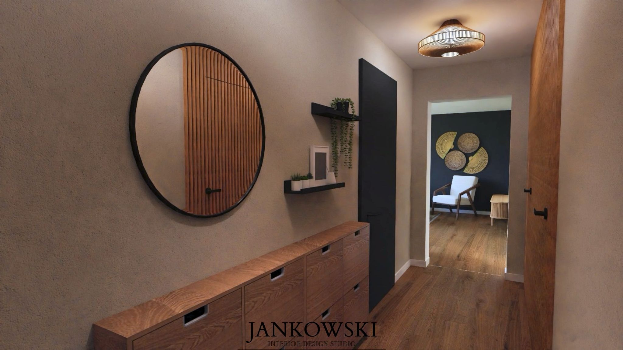Nowoczesny przedpokój z okrągłym lustrem z drewnianymi lamelami, szafką na buty i dekoracjami ściennymi. Widok na salon z fotelami i ozdobami.