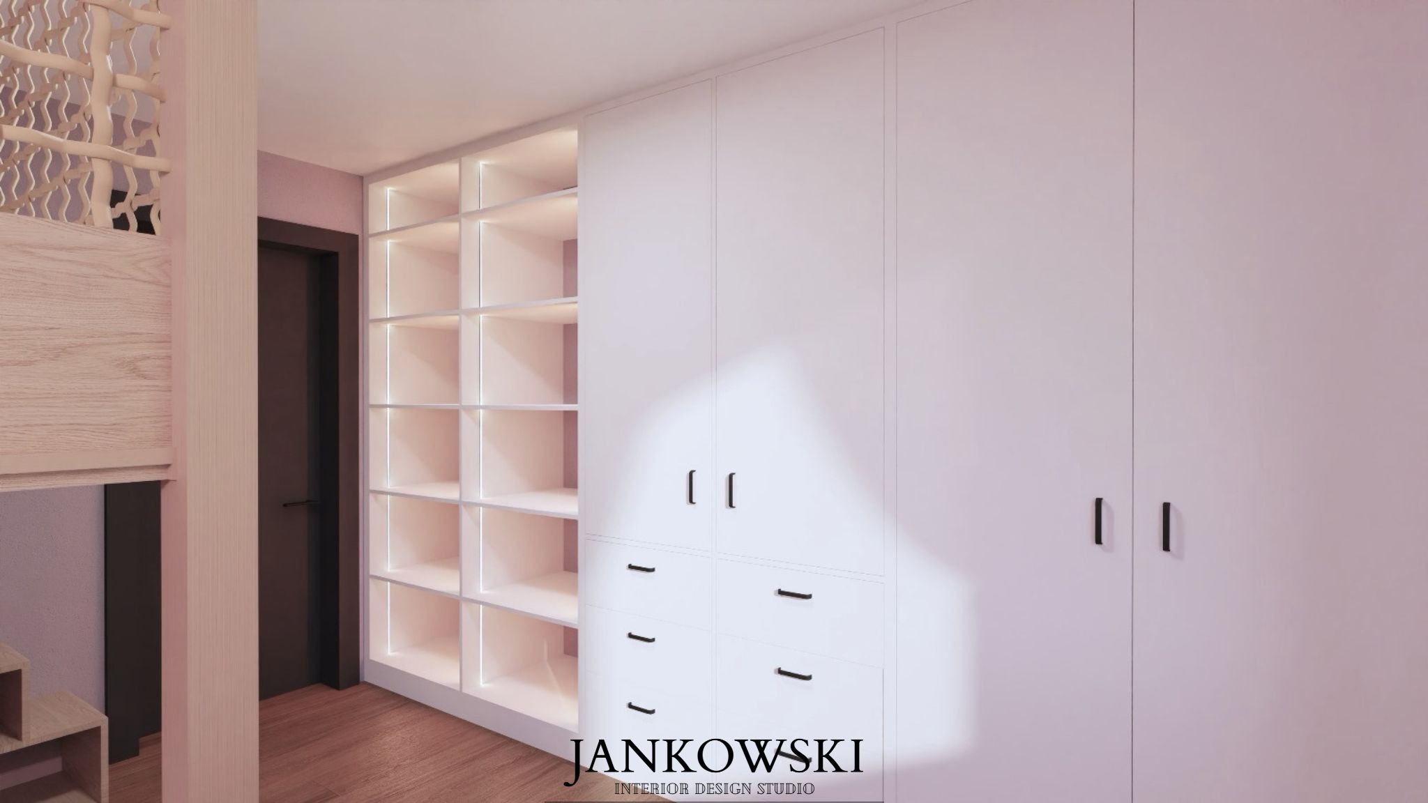 Nowoczesna garderoba z białymi szafami w zabudowie i podświetlanymi półkami. Minimalistyczne uchwyty i ciepła kolorystyka wnętrza.