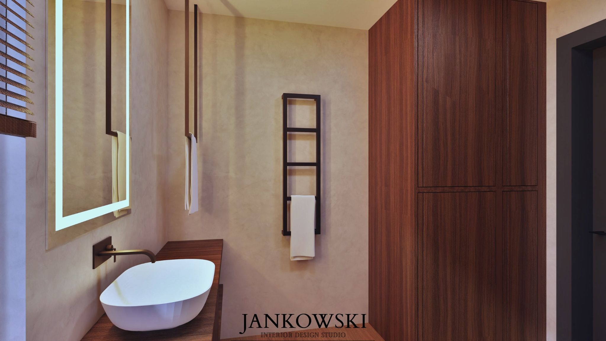 Nowoczesna łazienka z podświetlanym lustrem, umywalką nablatową i drewnianą szafą. Minimalistyczny design z akcentami brązu i beżu. Grzejnik drabinkowy z ręcznikiem.