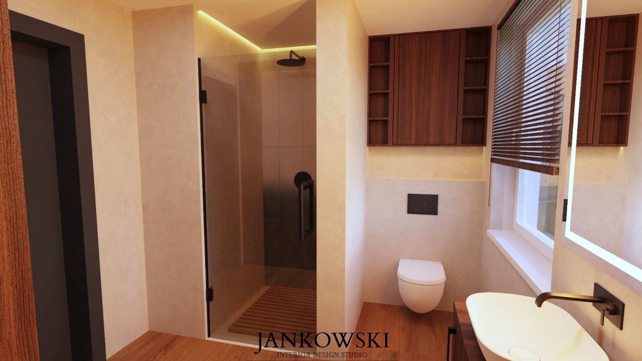 Nowoczesna łazienka z kabiną prysznicową, drewnianymi akcentami i oświetleniem LED. Umywalka nablatowa i szafki w ciepłych odcieniach brązu tworzą spójną całość.