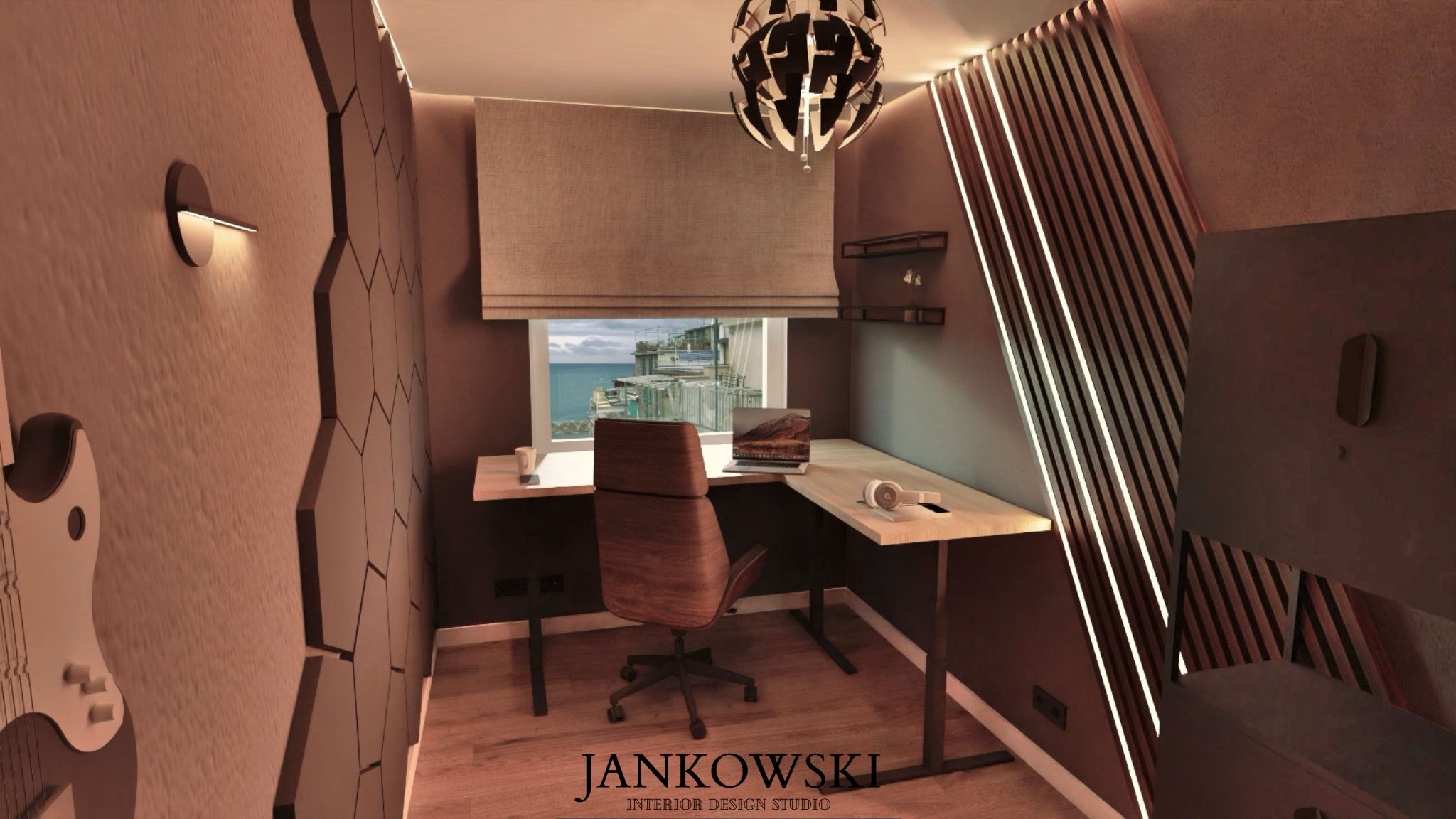 Nowoczesny pokój do pracy z widokiem na morze: biurko w kształcie litery L, krzesło obrotowe, lampa sufitowa i dekoracje ścienne w geometryczne wzory.