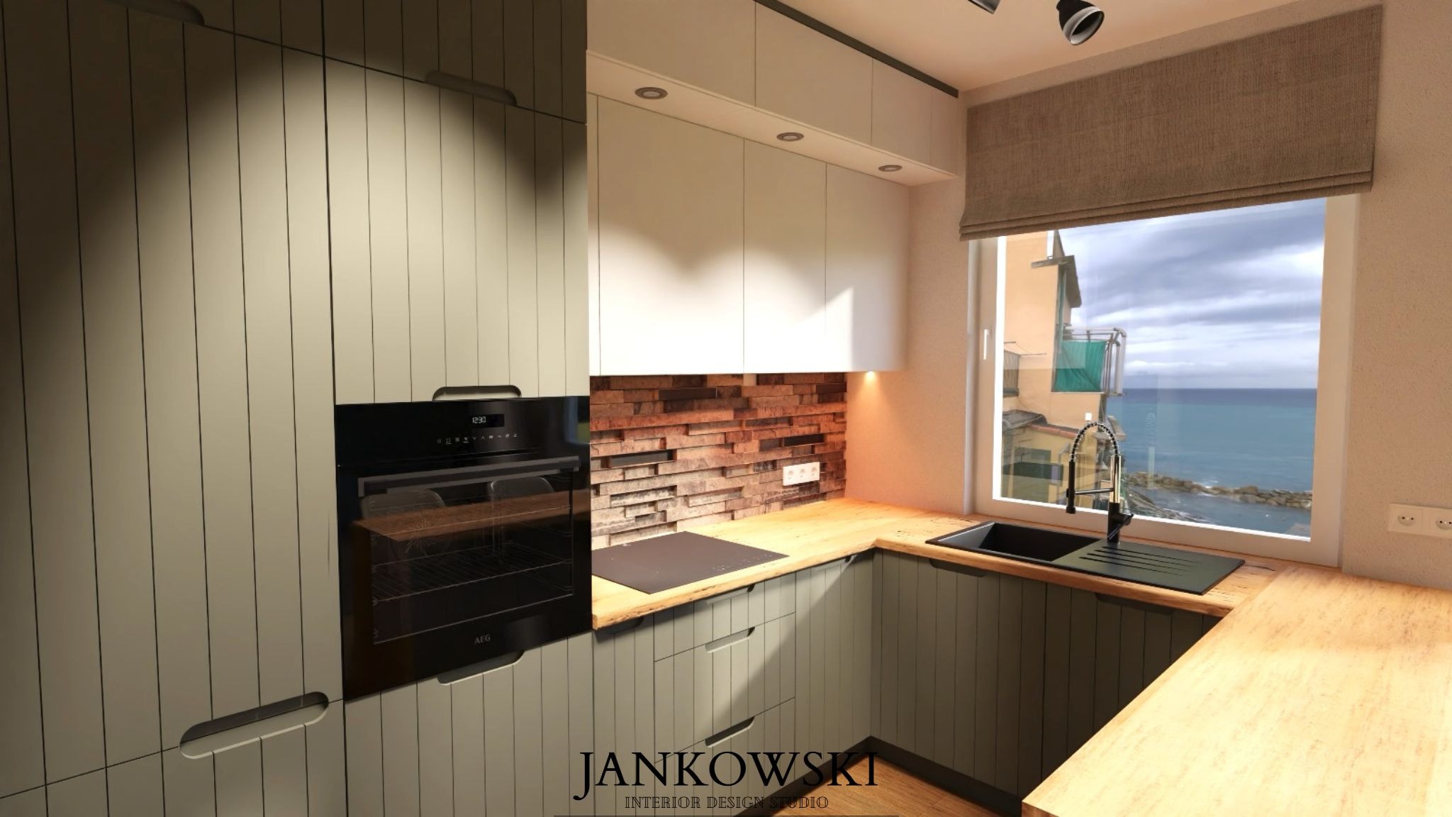 Kuchenne wnętrze w odcieniach szarości i bieli, z drewnianym blatem i ceglaną ścianą. W tle widok na morze przez okno z roletą rzymską. Minimalistyczny design.