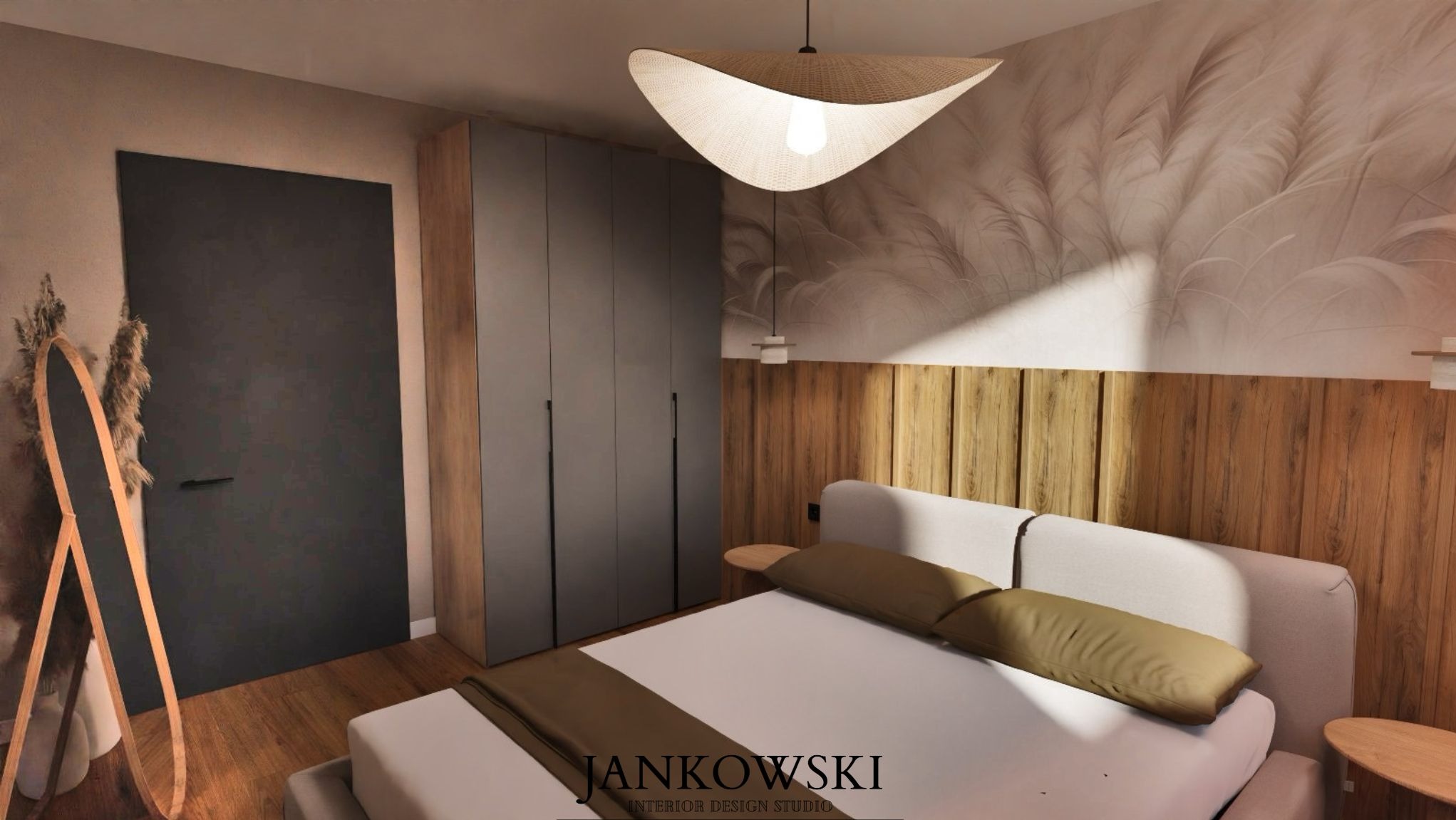 Nowoczesna sypialnia z łóżkiem i drewnianą boazerią w Gdańsku. Minimalistyczny design, lampa wisząca i lustro dodają przytulności. Stonowane kolory, elegancki styl.