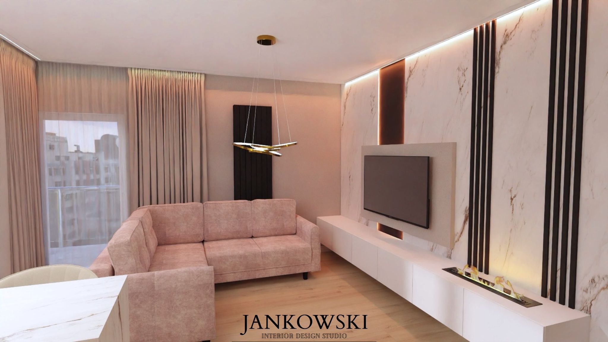 Nowoczesny salon z różową sofą narożną, marmurową ścianą z czarnymi listwami, podwieszanym oświetleniem i biokominkiem. Jasne, przestronne wnętrze.