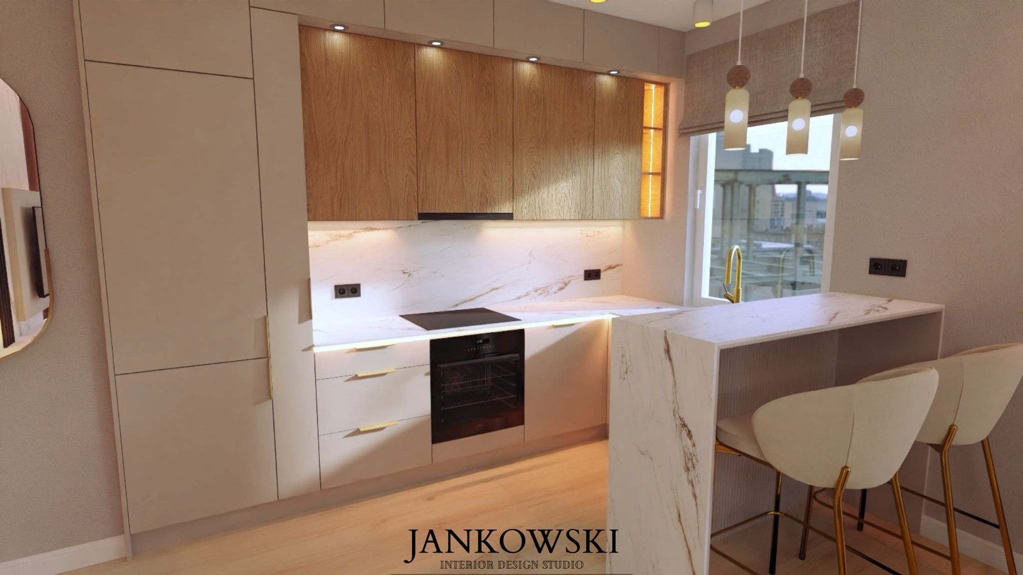 Nowoczesna kuchnia w beżach i drewnie: marmurowy blat, złote akcenty, oświetlenie LED. Minimalistyczny design z widokiem na miasto przez okno.