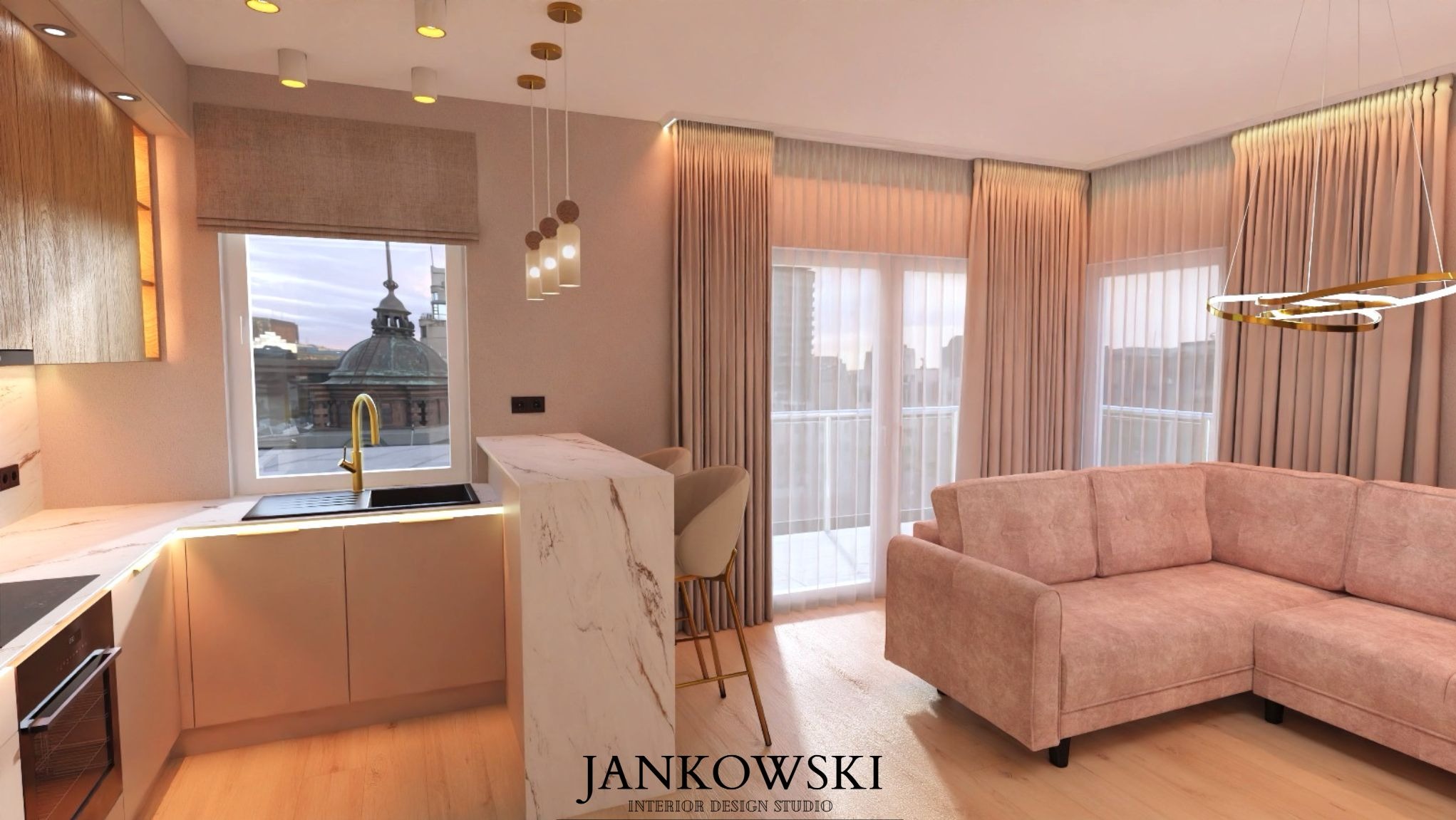 Stylowe wnętrze mieszkania z aneksem kuchennym, marmurowym blatem i narożną sofą w odcieniach różu. Widok z okna na panoramę miasta. Oświetlenie sufitowe i dekoracyjne.
