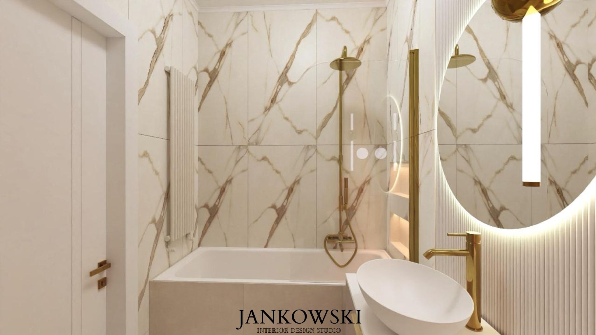 Elegancka łazienka z wanną, deszczownicą i umywalką w odcieniach bieli i złota. Marmurowe płytki ścienne, okrągłe lustro z podświetleniem LED.