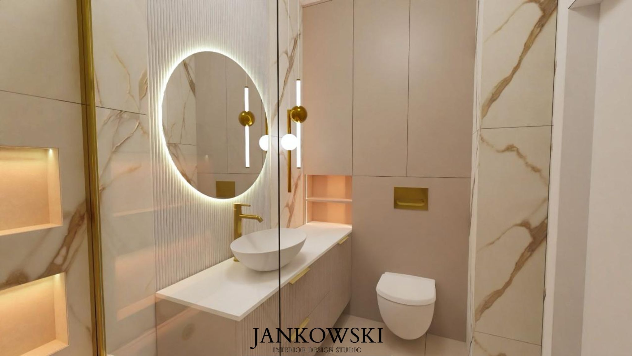 Elegancka łazienka z okrągłym lustrem LED, złotą armaturą i marmurowymi płytkami. Minimalistyczny design z podświetlanymi niszami.