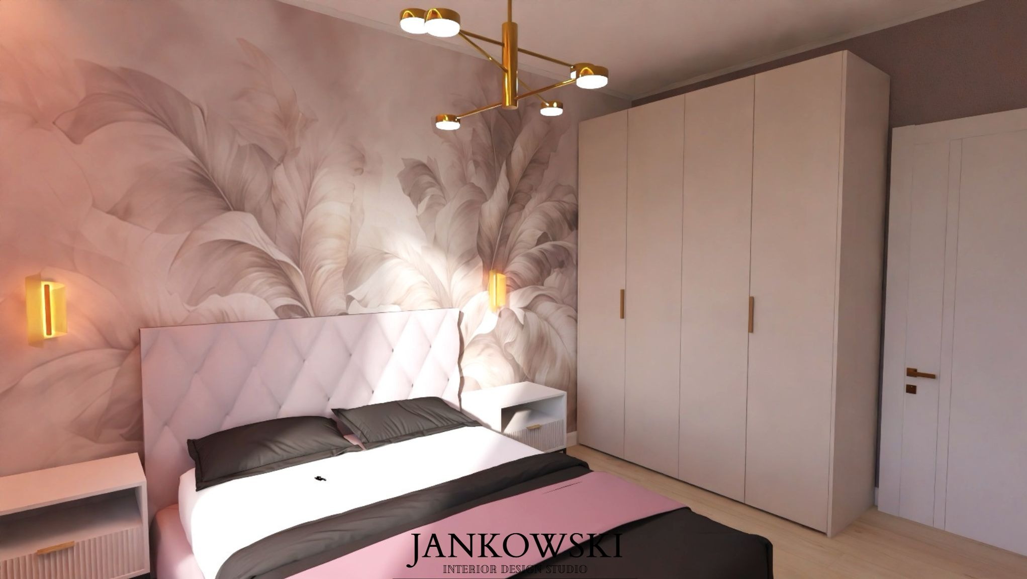 Subtelna sypialnia z tapetą w liście, łóżkiem z pikowanym zagłówkiem i złotą lampą. Stonowana kolorystyka, nowoczesny design. Projekt Jankowski Interior Design Studio.