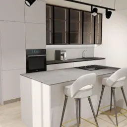 Wizualizacja nowoczesnej kuchni z białymi frontami, szarym blatem, wyspą z dwoma krzesłami barowymi i czarnymi akcentami w postaci oświetlenia oraz przeszklonych szafek wiszących.