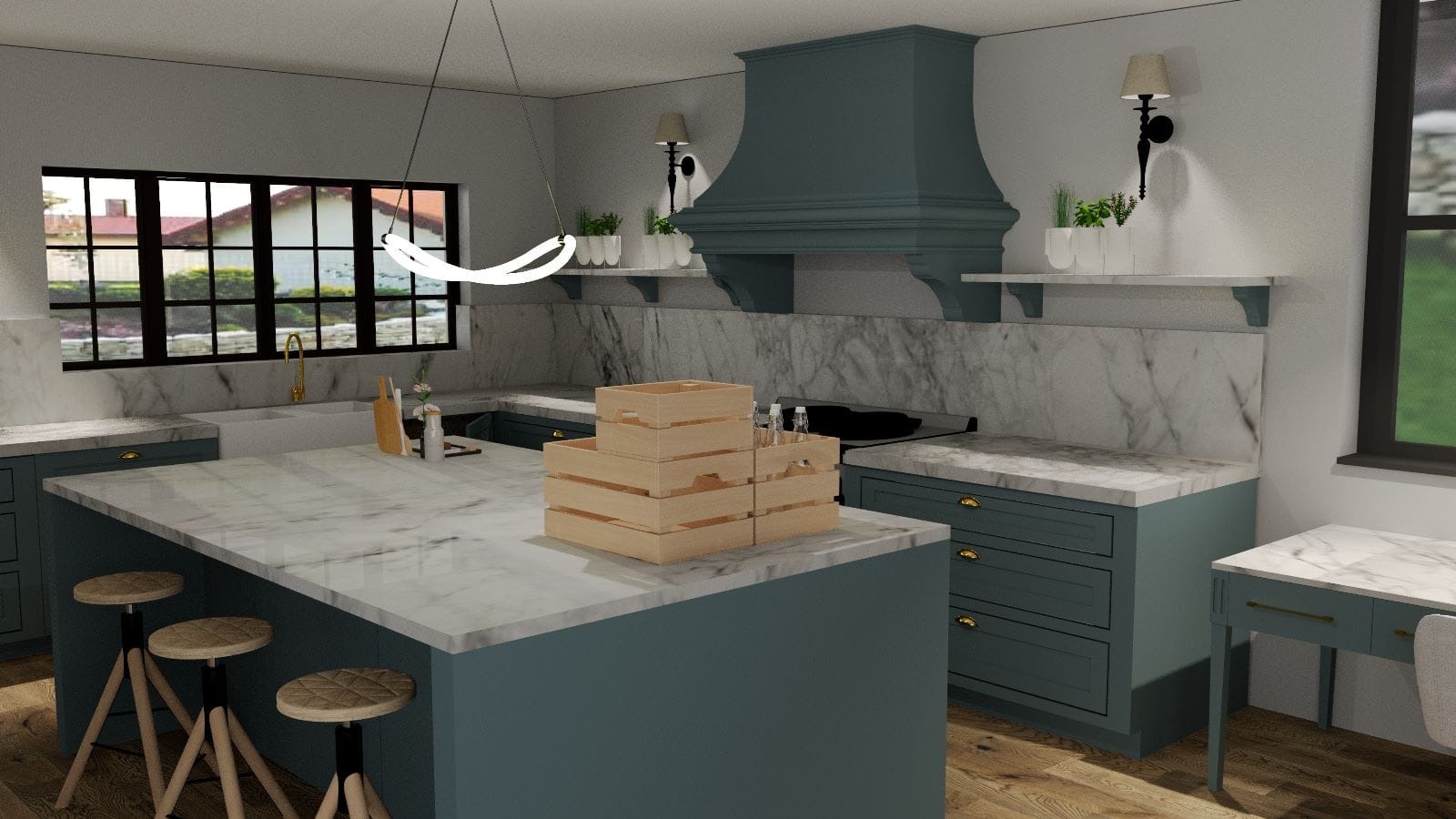 Wizualizacja kuchni z marmurowym blatem, niebieskimi szafkami i drewnianymi stołkami barowymi. Na wyspie kuchennej ułożone drewniane skrzynki. Nad blatem marmurowy backsplash i półki z roślinami.
