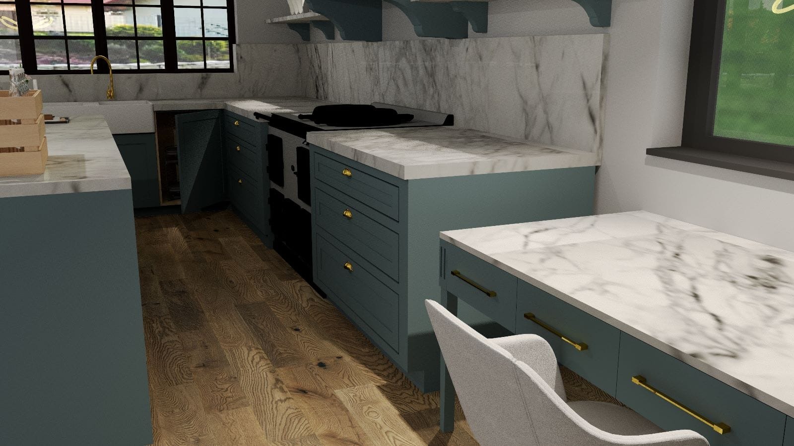 Wizualizacja kuchni z niebieskimi szafkami, marmurowym blatem, drewnianą podłogą i widokiem z okna na zieleń.