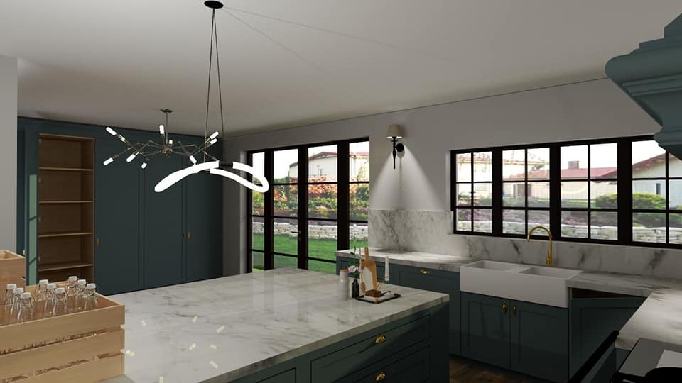 Wizualizacja kuchni na wymiar w Lublinie z wyspą z marmurowym blatem, ciemnozielonymi szafkami i nowoczesnym oświetleniem. Widoczne okna z czarnymi ramami i zabudowana szafa.