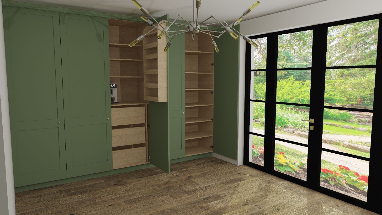 Zielona szafa z otwartymi drzwiami, widoczne półki i szuflady, ekspres do kawy wewnątrz, parkiet na podłodze, czarne drzwi balkonowe z widokiem na ogród.