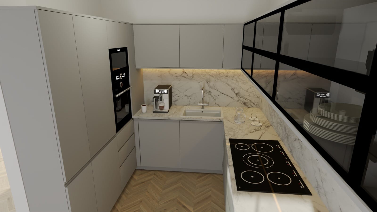 Nowoczesna kuchnia w odcieniach szarości z marmurowym blatem i czarnymi akcentami, widok z góry na płytę indukcyjną, ekspres do kawy i zabudowaną piekarnik.