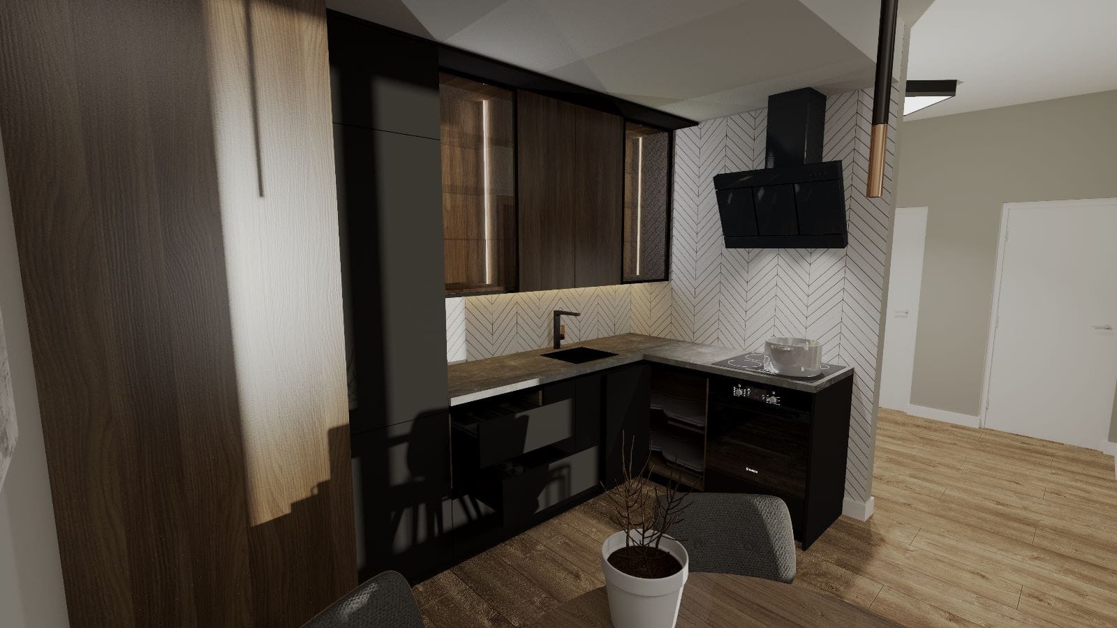 Wizualizacja nowoczesnej kuchni z ciemnymi szafkami, drewnianymi frontami i białymi płytkami w jodełkę na ścianie, oświetleniem LED pod szafkami wiszącymi i czarnym okapem.