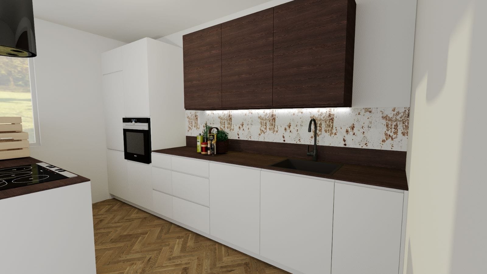 Wizualizacja nowoczesnej kuchni z białymi szafkami dolnymi i górnymi szafkami z ciemnego drewna, brązowy blat, oryginalna ściana nad blatem, drewniana podłoga.