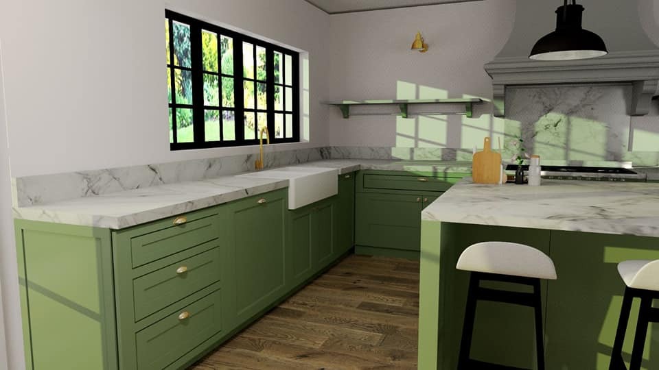 Wizualizacja kuchni w odcieniach zieleni z marmurowym blatem, białym zlewem i drewnianą podłogą, oświetlona promieniami słońca wpadającymi przez okno.